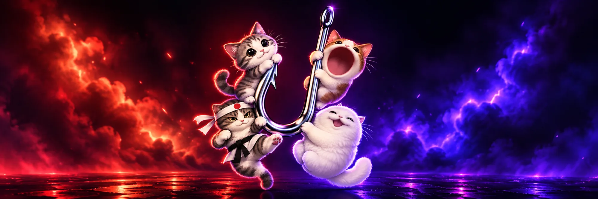 Four cats hanging from a giant fishing hook between red and violet storm clouds