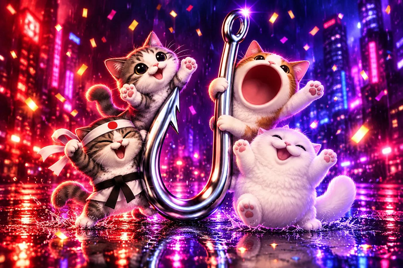 The cats celebrating around the hook on a rainy neon street full of confetti