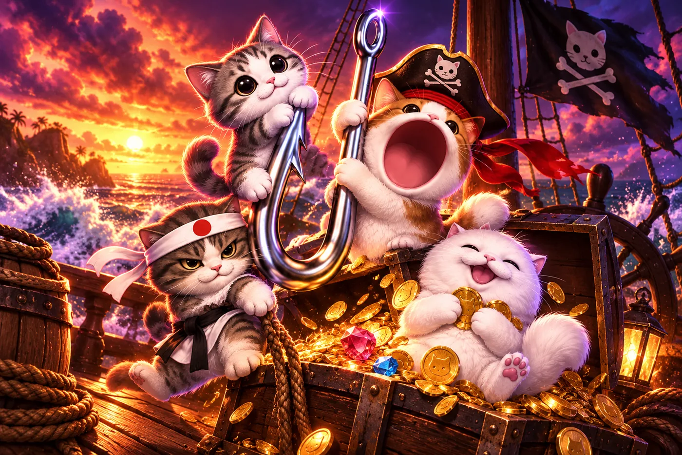 The cats as pirates on a ship deck, the white cat hugging a pile of gold cat coins