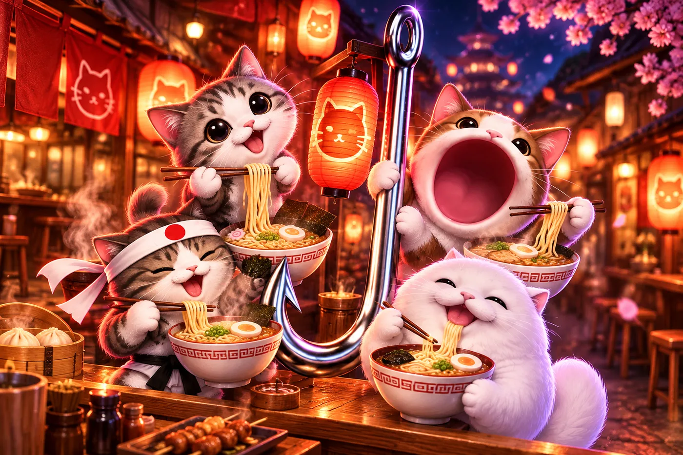 The cats slurping ramen at a lantern-lit Japanese street stall