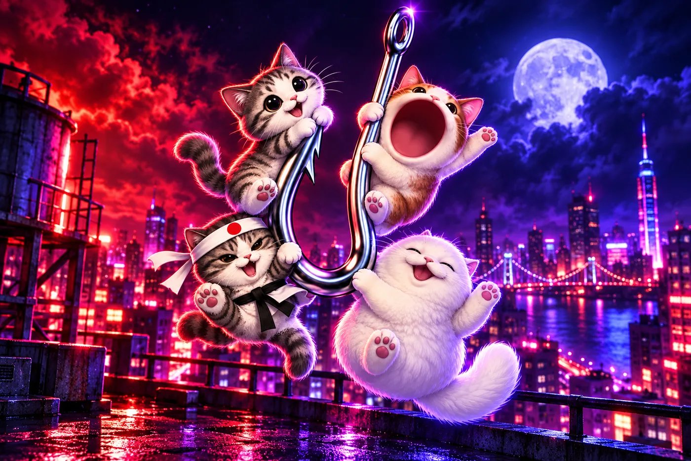 The four cats swinging on the hook above a neon city skyline under a full moon