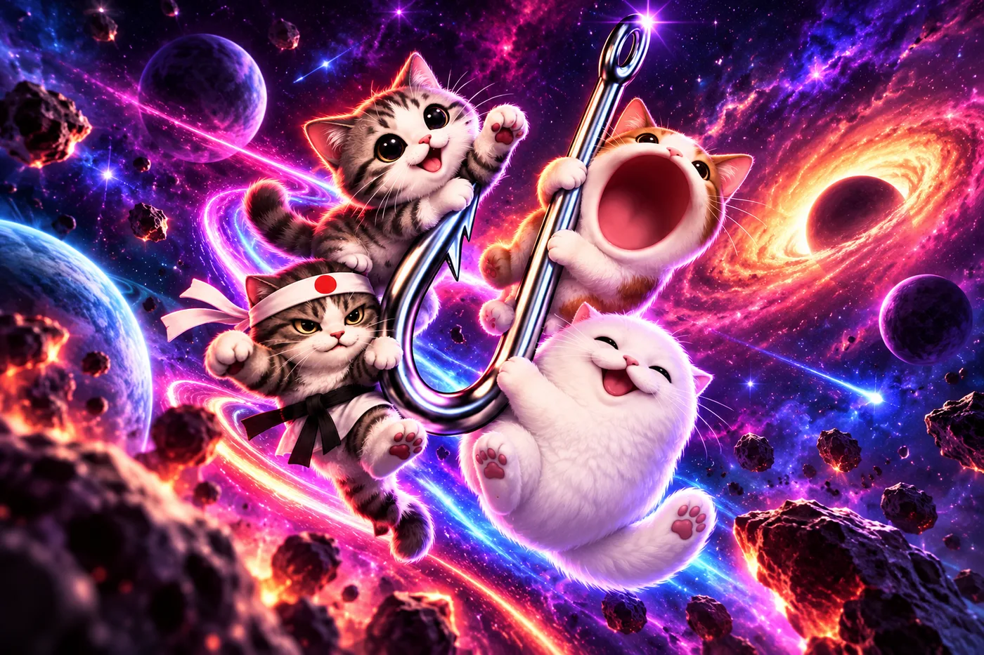 The cats riding the hook through a purple galaxy past planets and asteroids