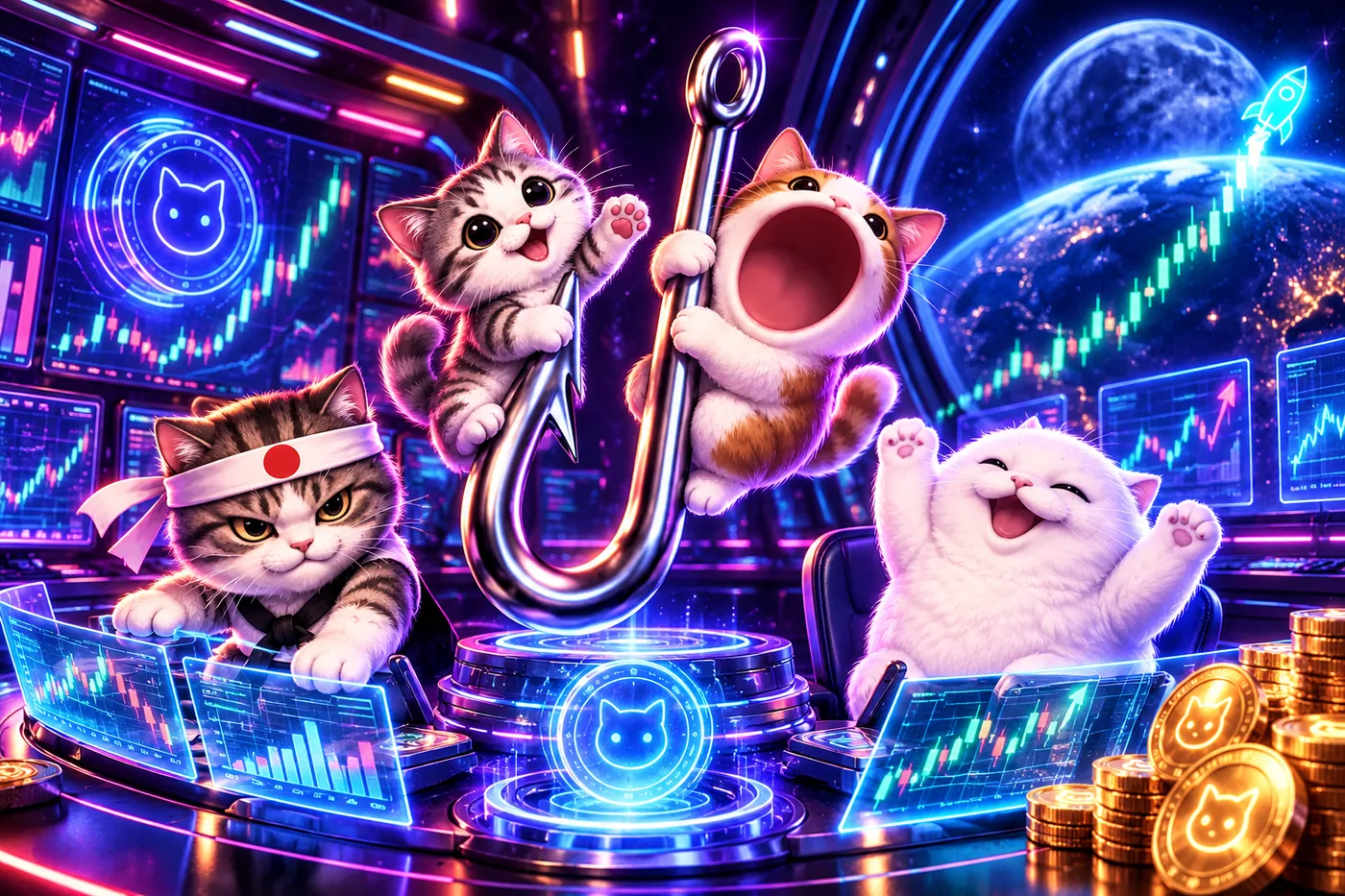 The cats in a spaceship trading room full of green candlestick charts